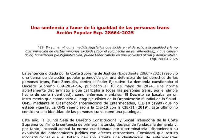 Sentencia a favor de la Igualdad de las Personas Trans - Acción Popular EXP. 28664-2025